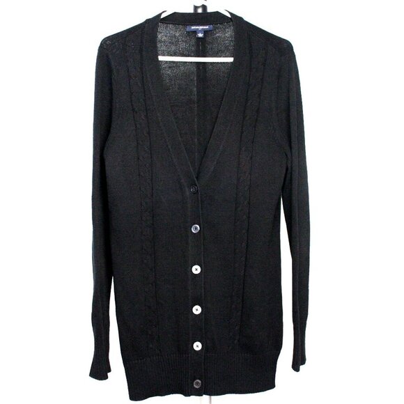 Banana Republic Factory Black V-Neck Lightweight Cable Knit Midi Cardigan Sz L - Picture 2 of 10